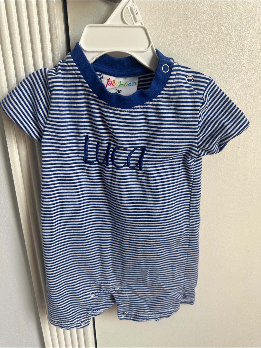 Jelly Beans Blue and White Striped Short Sleeve Romper with 'Luca' Embroidery